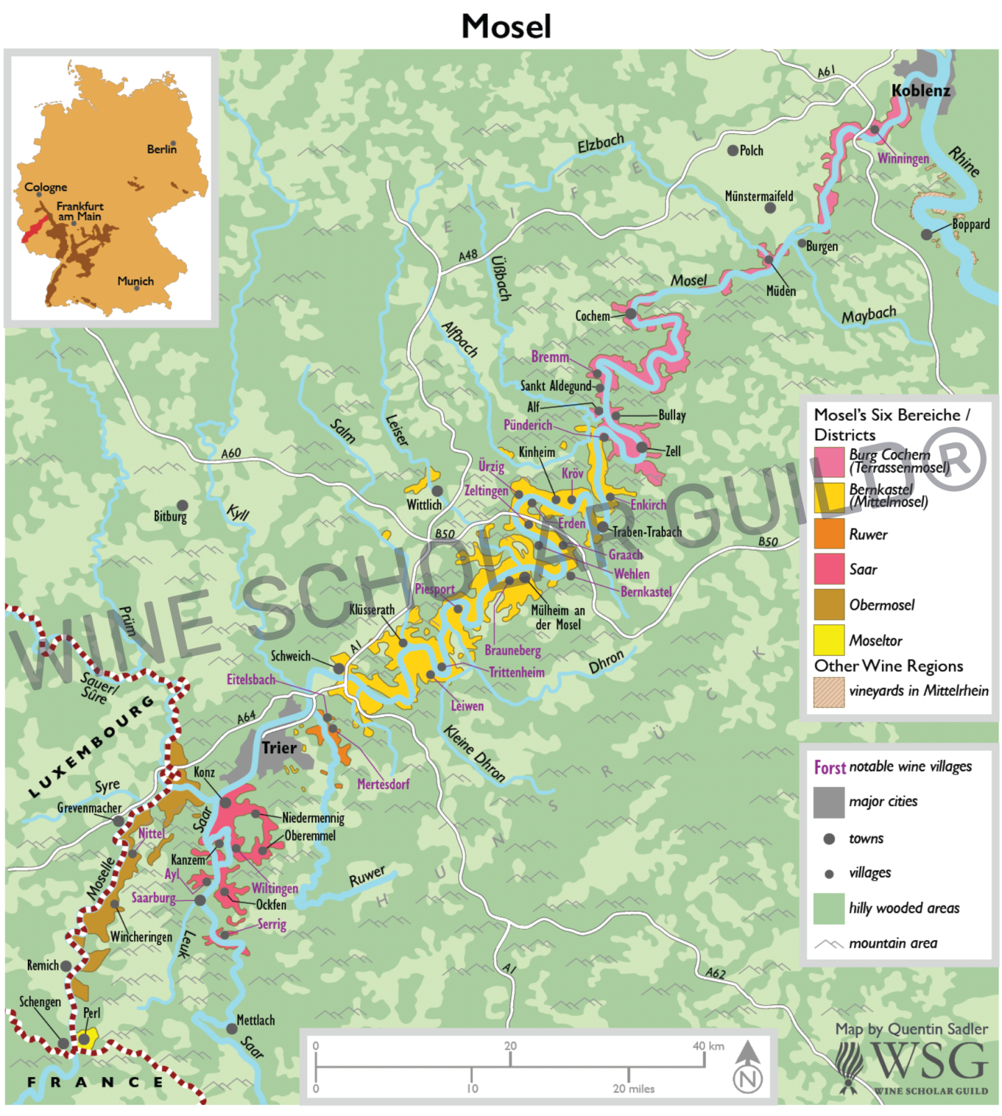 Map of Mosel showing vineyard slopes and river Map of Mosel showing vineyard slopes and river